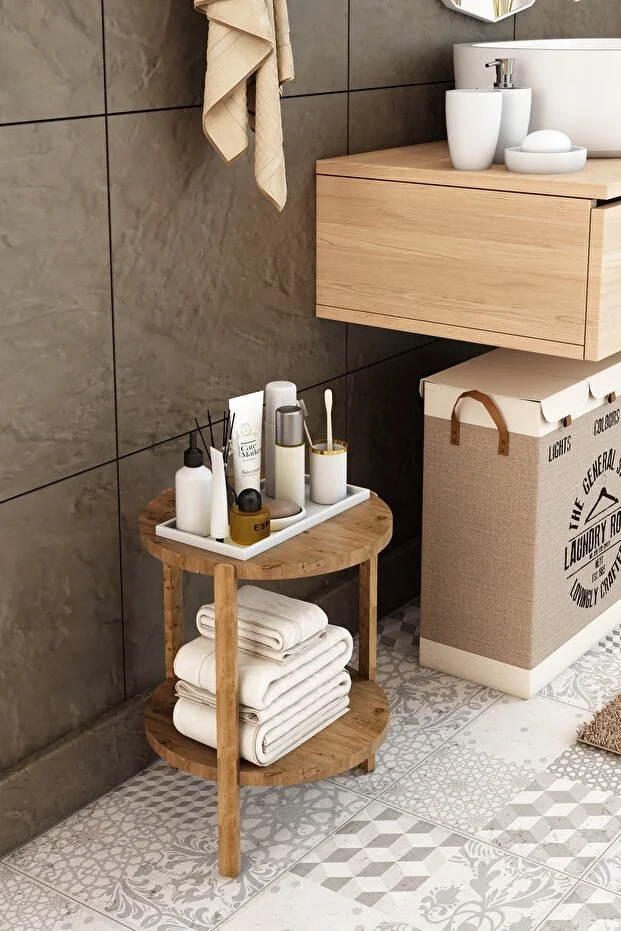 Miray Atlantik Çam 2 Katlı Yuvarlak Ahşap Çok Amaçlı Sehpa / Saksılık-Çiçeklik / Dekoratif Raf